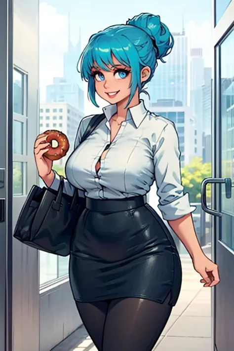 art by kipteitei, 1girl, aqua blue hair, hair up, blue eyes, black pencil skirt, dress shirt, black tights, happy expression, tight clothes, (((skinny))), ((holding a donut)), walking with confidence, walking through the glass doors outside a huge office b...