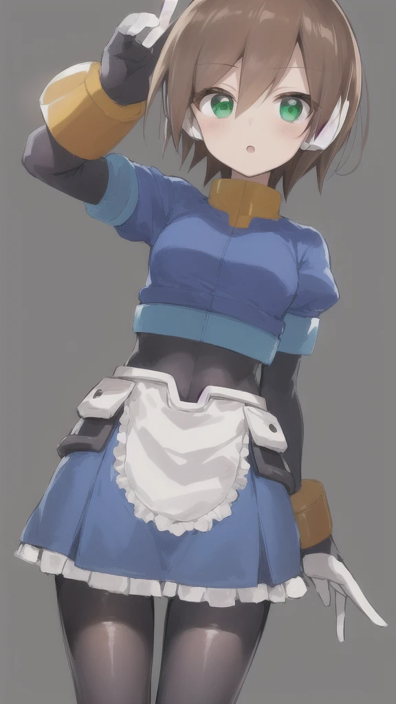 Aile_MegamanZX, 1girl, Looking at viewer, simple background, Brown hair, ,green eyes, Dressed as a maid 