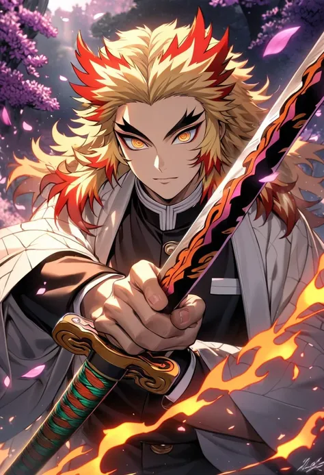 Ultra detailed, Highres, absurdres, HDR, Rengoku Kyojuro, golden eyes, blond hair, flames around him, grabbing a sword, Kimetsu No Yaiba, white haori, black demon uniform, purple leaves, petals, butterflies, handsome, 1 man,