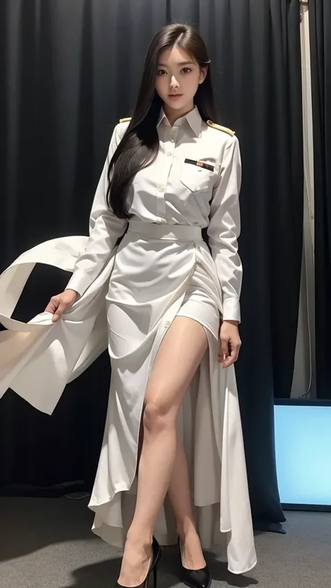 Beautiful girl with two meter long hair, long black hair, สวมsuit, สวมsuit over it., Turn off all buttons., (White women&#39;suit), (white shirt), (Thai women&#39;black tie), (Military rank insignia), (white short skirt), tight, (Dynamic posts), Full body,...