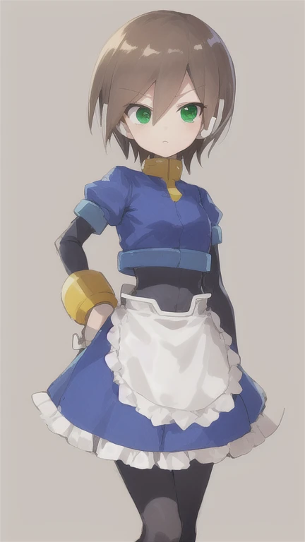 Aile_MegamanZX, 1girl, Looking at viewer, simple background, Brown hair, ,green eyes, Dressed as a maid 