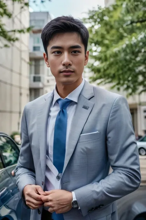 (One wearing a full light blue striped suit、White shirt、Tie、About 25 years old、Japanese men with a height of 180 cm)、best quality、masterpiece、Ultra-high resolution、(Photo realism:1.4)、original photo、(戶外街道上One wearing a full light blue striped suit、White sh...