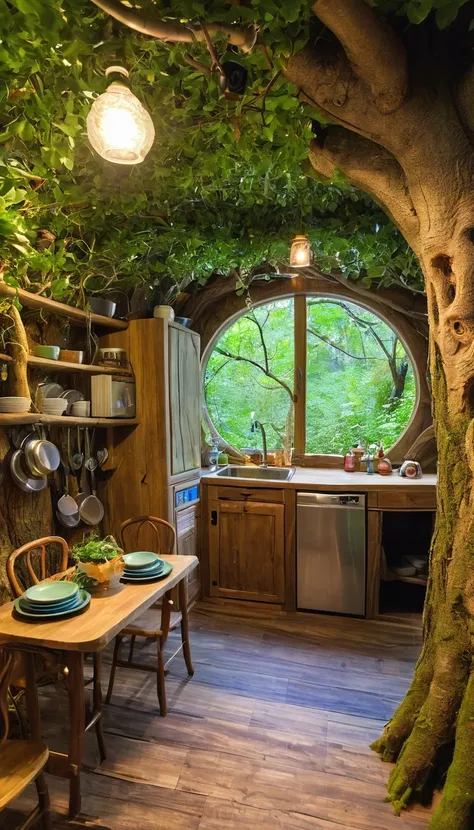 (Inside the tree:1.2), Magical fairytale forest, There is a cozy kitchenette inside