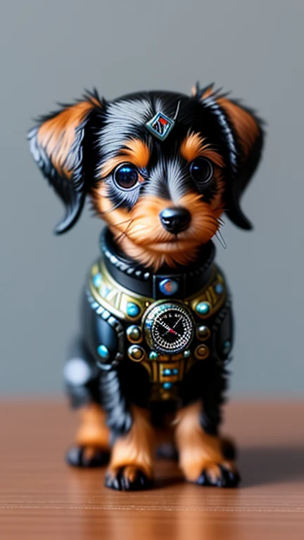 Adorable fluffy miniature dachshund made of metal、、Cyberpunk style、clock、((Intricate details))、nffsw、big eyes、((Intricate details、Ultra Detailed))、vacuum tube or electron tube、Movie Lenses、vignette、Bokeh effect tortoiseshell color