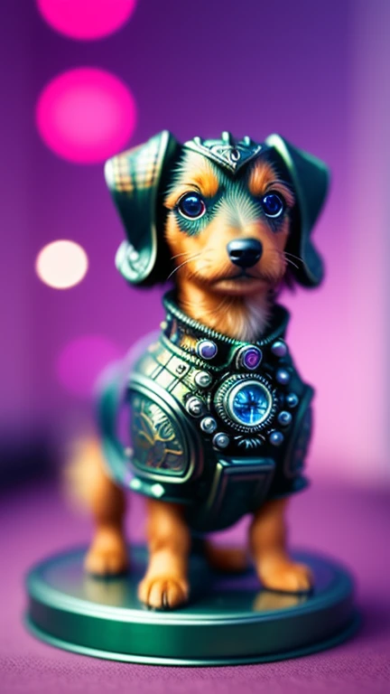 Adorable fluffy miniature dachshund made of metal、、Cyberpunk style、clock、((Intricate details))、nffsw、big eyes、((Intricate details、Ultra Detailed))、vacuum tube or electron tube、Movie Lenses、vignette、Bokeh effect tortoiseshell color