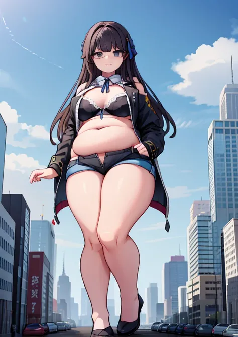 (masterpiece, best quality, highly detailed), 1girls, big belly, huge belly, art by kipteitei, round belly, chubby, curvy, belly grab, enormous belly, fat belly, thicc, bigger belly, really big belly, jiggly belly, glasses, unzipped jacket, (no shirt), bra...