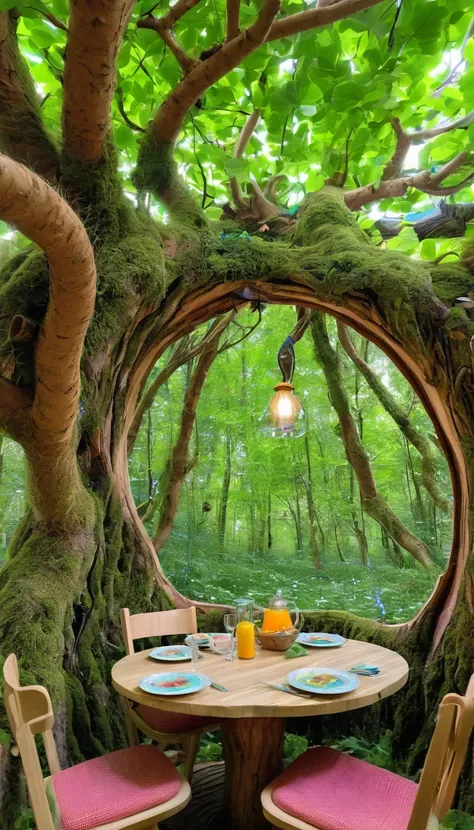 (Inside the tree:1.2), Magical fairytale forest, There is a cozy kitchenette inside