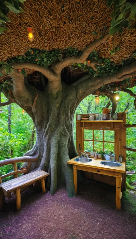 (Inside the tree:1.2), Magical fairytale forest, There is a cozy kitchenette inside