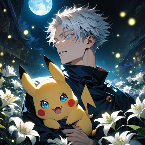 absurdres, highres, ultra detailed, HDR, master piece, best quality, Gojo Satoru, white hair with bangs, expressive blue eyes, white eyelashes, Jujutsu Kaisen, 1man, handsome, holding Pikachu, petals, white lilies, moon, fireflies