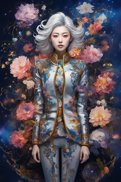 arafed image of a woman with a jacket and flowers, cosmic girl, inspired by Zhou Wenjing, suit made of stars, goddess of galaxies, galaxy + baroque, girl in space, cosmic style, cosmic goddess, inspired by Wen Jia, portrait of a cosmic goddess, exquisite d...