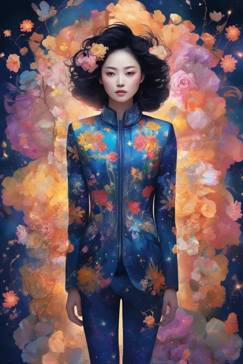 arafed image of a woman with a jacket and flowers, cosmic girl, inspired by Zhou Wenjing, suit made of stars, goddess of galaxies, galaxy + baroque, girl in space, cosmic style, cosmic goddess, inspired by Wen Jia, portrait of a cosmic goddess, exquisite d...