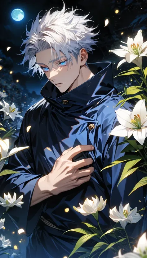 absurdres, highres, ultra detailed, HDR, master piece, best quality, Gojo Satoru, white hair with bangs, expressive blue eyes, white eyelashes, Jujutsu Kaisen, 1man, handsome, petals, white lilies, moon, fireflies