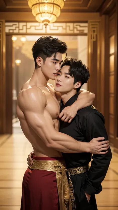 Two  handsome boys kissing, 20 years old, kpop idol, actor,  smiling at each other,hugging, kissing, touching lips, Chinese Men God, Mythology, realistic, 8k resolution, ultra HD, Chinese odyssy, super Handsome,manly,muscular,  detailed mess curly styling ...