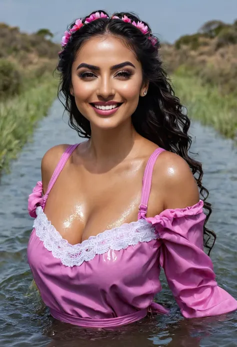 mujer joven, 27 years old,.She lies in a warm hot spring.. esta lloviendo. She is standing in waist-deep water.. She smiles with pleasure, saboreando el agua tibia corriendo por sus largos, wet, rubio, pelo trenzado, su ropa y su cuerpo. hermoso, Suave, ca...