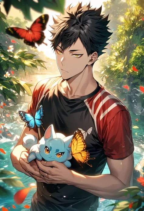 Ultra detailed, Highres, absurdres, HDR, Kuroo Tetsurou, golden eyes, black hair, Haikyuu, green leaves, petals, butterflies, handsome, 1 man, holding Vulpix, red jacket, black tight t-shirt, summer,