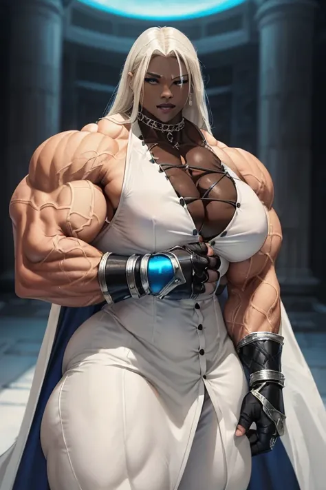 ((((Massive tall, beautiful, buff, light brown skinned muscular goddess woman with white hair, black lipstick, ginormous bulky muscles, wearing an half button down white long coat with black pants)))), close view, massive muscle, massive biceps, ginormous ...