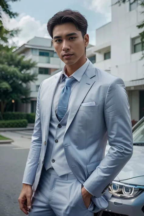 (One wearing a full light blue striped suit、White shirt、Tie、About 25 years old、Japanese men with a height of 180 cm)、((Fair and translucent facial skin))(( Facial light is soft and natural))best quality、masterpiece、Ultra-high resolution、(Photo realism:1.4)...