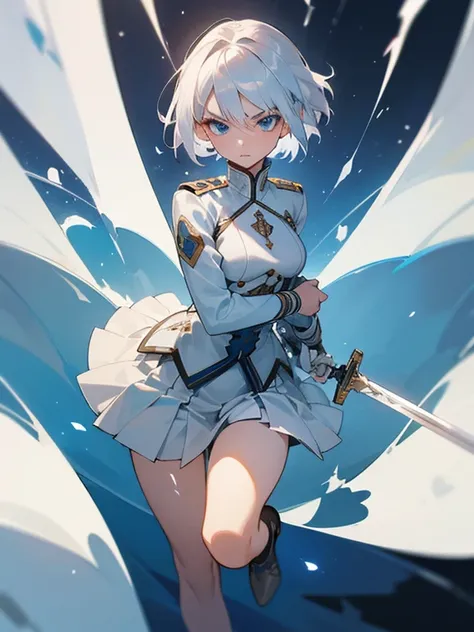 1girl, full body, white hair, short hair, blue eyes, flat chest, determined expression, silver sword, epic wind, white uniform, pleated skirt, masterpiece, ultra detailed, beautiful face, detailed eyes, dramatic lighting,