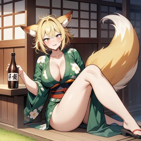 masterpiece,best quality,ultra-detailed,illustration,official art,1girl,30yo,curvy,Statuesque,a fox tail,blonde fox ears,short hair,blonde hair,beautiful face,messy hair,disheveled hair,hair intakes,(beautiful detailed brown foxy eyes:1.3),(fusion of flora...