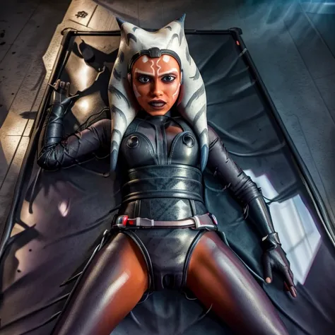 (best quality,4k,8k,highres,masterpiece:1.2),ahsoka,lie in a latex vacuum bed,ultra-detailed,realistic,bokeh,dark side vibe,portrait,studio lighting,black and white,sharp focus,lightsaber,texture,contrast,subtle shadows,endless depth,details of expression,...