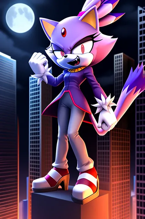 blaze the cat, tall character, intimidating height, villainous stance, triumphant pose, black eyes with red glowing pupils, big evil grin, evil laughter, reveling in evil laughter, on top of a skyscraper, cloudy night, high quality digital art