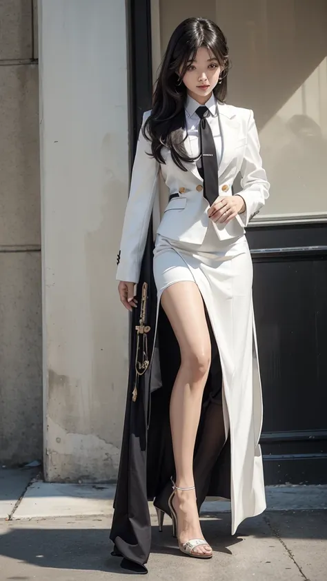 beautiful girl with two meter long hair, long black hair, wearing a white women&#39;s suit, wear a suit over the outside., (busi...