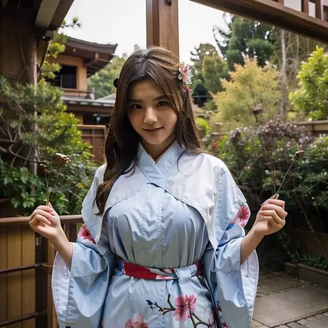 1girl, cute Japanese female, 25 years old female, kimono, tight, dynamic pose, Japanese traditional house, plum trees, aerial view angle focus on breast, ultrarealistic photography