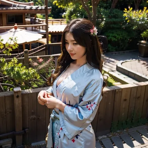 1girl, cute Japanese female, 25 years old female, kimono, tight, dynamic pose, Japanese traditional house, plum trees, aerial view angle focus on breast, ultrarealistic photography