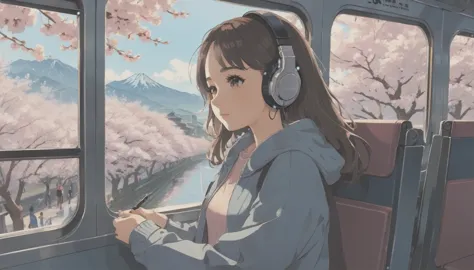 wideshot,old cartoon,on the train,woman listening to music,1 headphones,very detailed, supreme detail,lo-fi hip-hop,anime textur...