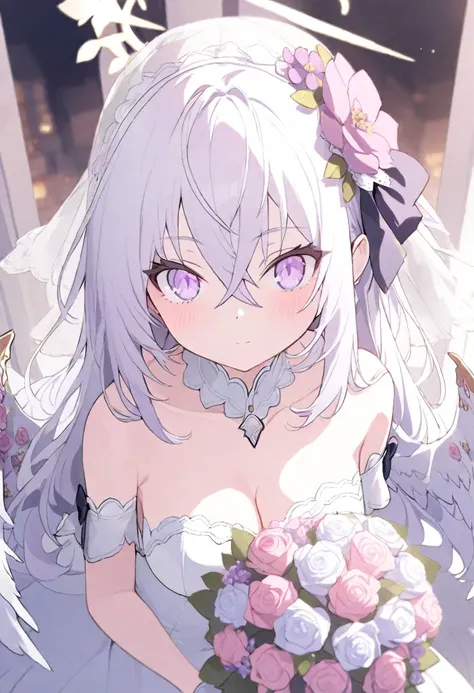 azusa (blue archive),AddXL, 1girl 1other alternate_costume angel_wings bare_shoulders blush bouquet breasts bridal_veil bride cleavage closed_mouth collarbone dress feathered_wings flower hair_between_eyes halo holding holding_bouquet jewelry long_hair loo...