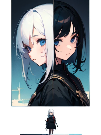 poster, 2girls, girl1: black hair, black eyes, girl2: white hair, blue eyes 