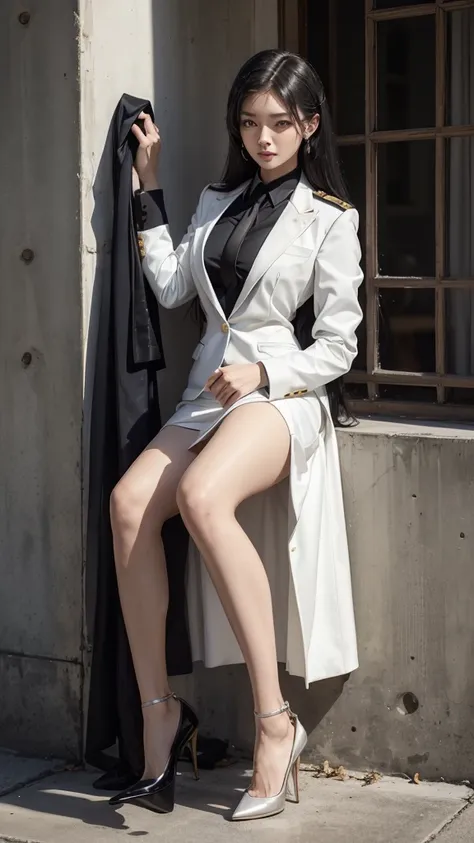 beautiful girl with two meter long hair, long black hair, wearing a white women&#39;s suit, single-breasted suit, business suit,...