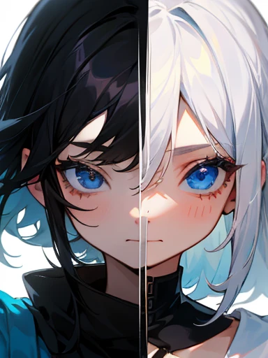 2girls, girl1: black hair, black eyes, girl2: white hair, blue eyes