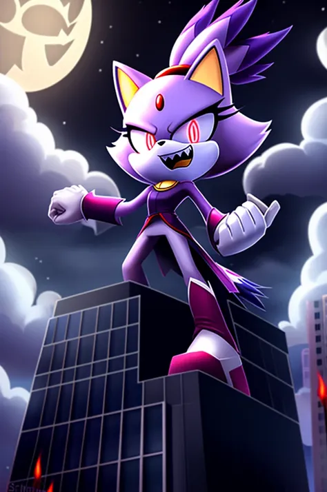 blaze the cat as a ghost demon, tall character, intimidating height, villainous stance, triumphant pose, black eyes with red glowing pupils, big evil grin, evil laughter, reveling in evil laughter, on top of a skyscraper, cloudy night, nighttime, moonlight...