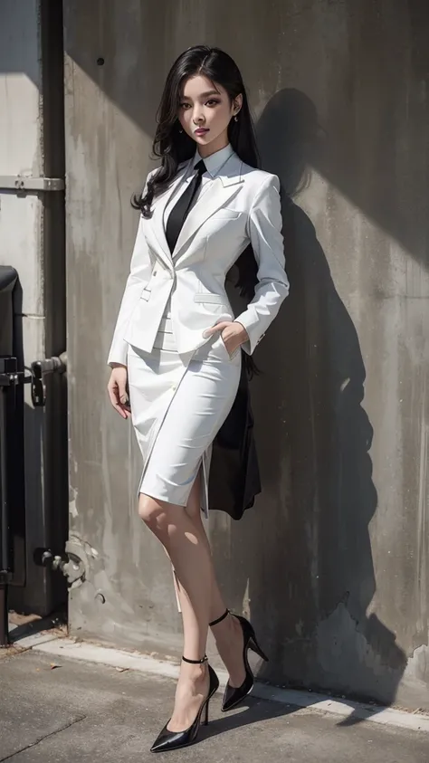 Beautiful girl with two meter long hair, long black hair, white dress, wearing a white women&#39;s suit, Single-Breasted Suit, Business Suit, skirt suit, short skirt suit, Wear a suit over the outside., (business suit), (business woman, ชุดbusiness suit, w...