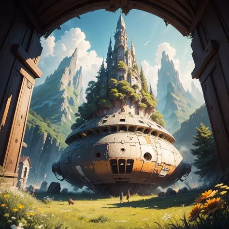 The destroyed badly damaged old space ship in a beautiful meadow. Cats on it. (Broken windows, broken body, spare parts scattered nearby.) Grass and flowers grow around it. Sunny summer day. Mountains. Calm and beautiful. Detailed art, many details, cute, ...