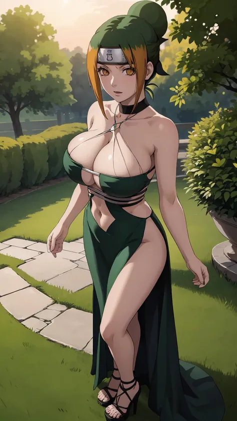 masterpiece, ultra high-quality, extremely detail 8k cg, high resolution, 1girl, pakura, green hair, orange eyes, thin body, huge breasts, bursting breasts, evening gown, halterneck, criss-cross halter, high heels, choker, beautiful face, outdoors, garden,...