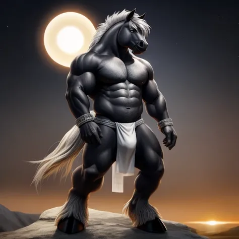 Furry, Antro, [Horse color Gris Plateado Brillante metal] , Half side pose , [Fundoshi Bulto Male Big], [Fundoshi Blanco ajustado], Solo, [Bulto Male Big], Hooves , Big Balls, Detallado 4k, cuerpo completo, cuerpo furry silver dark, Fonde de Desierto con E...