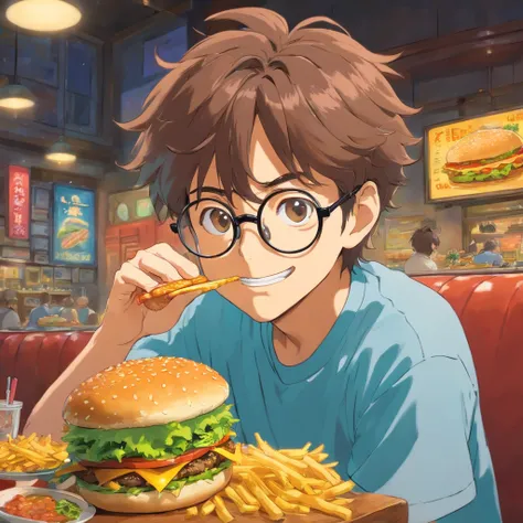 hamburger　male　Glasses