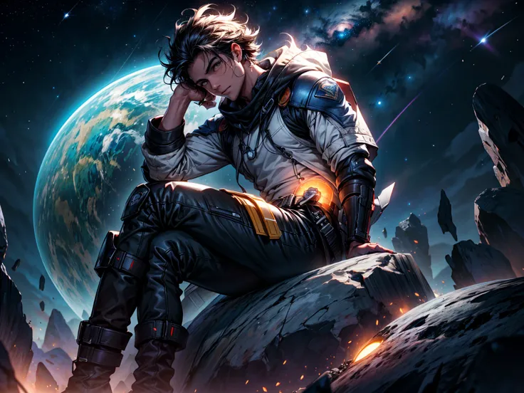 Dibuja un hombre joven programador., sitting on a research platform floating in the middle of an asteroid belt, rodeado por varios asteroides que brillan con auras de fuego. Spectacular illumination of distant stars and planets illuminates the scene., proy...