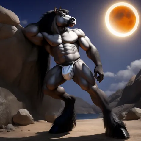 Furry, Antro, [Horse color Gris Plateado Brillante metal] , Half side pose , [Fundoshi Bulto Male Big], [Fundoshi Blanco ajustado], Solo, [Bulto Male Big], Hooves , Big Balls, Detallado 4k, cuerpo completo, cuerpo furry silver dark, Fonde de Desierto con E...