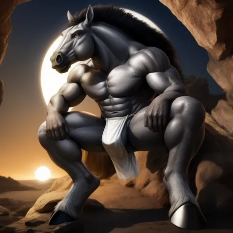 Furry, Antro, [Horse color Gris Plateado Brillante metal] , Half side pose , [Fundoshi Bulto Male Big], [Fundoshi Blanco ajustado], Solo, [Bulto Male Big], Hooves , Big Balls, Detallado 4k, cuerpo completo, cuerpo furry silver dark, Fonde de Desierto con E...