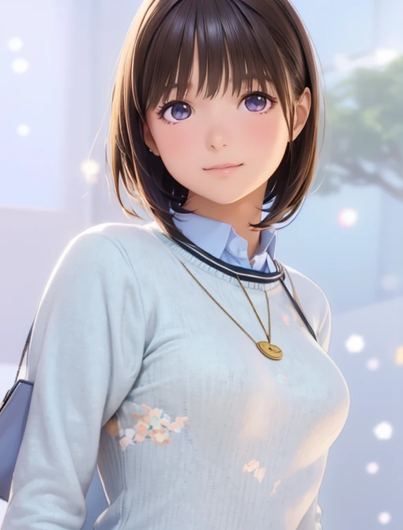 High resolution,In 8K,highest quality,detailed,Semi-realistic anime,Anime 3D Style,Smooth anime CG,One Girl,19-year-old woman in Japan,slim,Modeled,Shiny brown hair,Medium Hair,detailedな顔,Beautiful and detailed,Glowing Skin,Brightly colored cardigans,neckl...