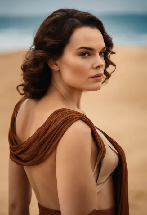 obra de arte, melhor qualidade, Sozinho, Daisy Ridley, 1 , cabelo laranja, cabelo azul, :D, vestido laranja, ver o visualizador, ao ar livre, areia, duna de areia, enorme castelo, coroa, standing, lesbian full body, tiro de vaqueiro, hands on hips,