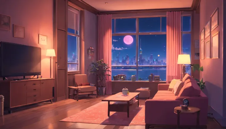 3d animation cinematic still of a cozy living room, big windows with city view at night, crested moon, melancholic, sad vibes, living room; The otaku style posters on the walls and the guitar in the corner,in style of Pixar, Disney, vaporwave; pink