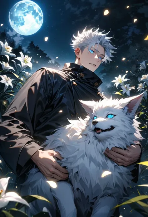 absurdres, highres, ultra detailed, HDR, master piece, best quality, Gojo Satoru, white hair with bangs, expressive blue eyes, white eyelashes, Jujutsu Kaisen, 1man, handsome, black coat, holding a fluffy small white fox, petals, white lilies, moon, firefl...