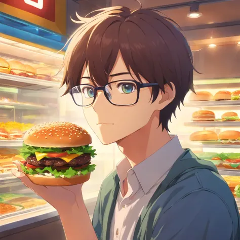 hamburger　male　Glasses