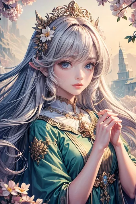 (highest quality,8k,CG),Upper body details,Lonely Girl,flower forest background,complex facial features,elegant long curly hair,large almond-shaped eyes,,Detailed eye makeup,Long eyelashes,Twinkling Star,Exquisite lip detail,Soft and harmonious style.