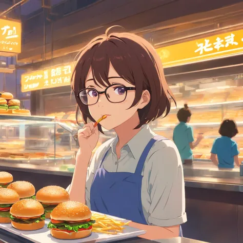 hamburger　woman　Glasses