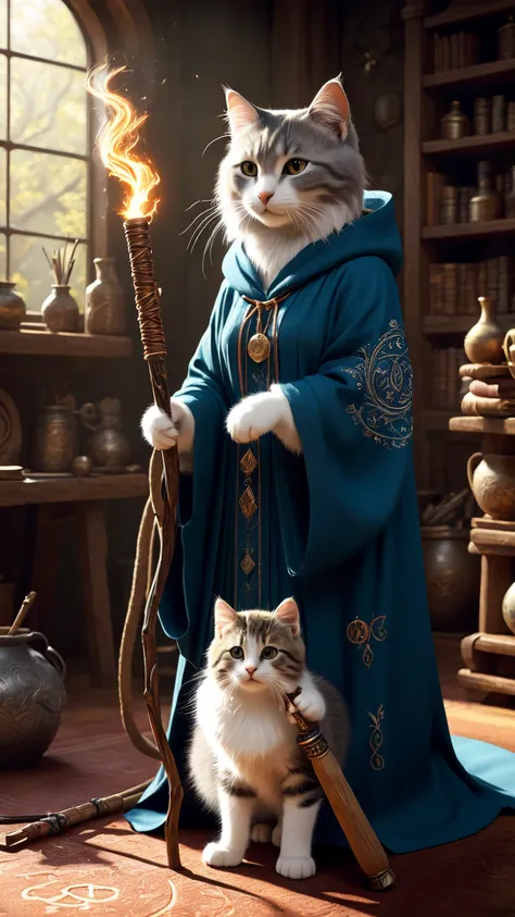 A fascinating image，Depicts a cute kitty wizard，Wearing a complicated robe, Holding an ancient walking stick, Hard at work in her fantastic studio, Complex runic symbols swirl around her, Apparently she was busy casting a powerful spell.. As she focuses on...